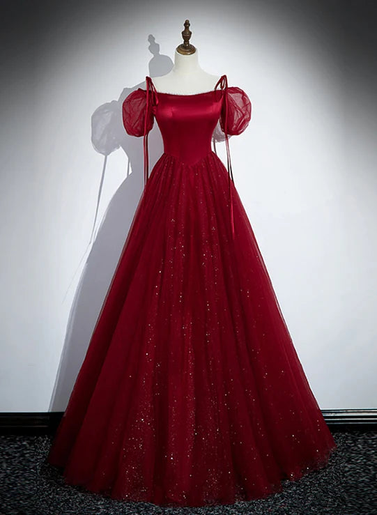 Luolandi Wine Red Satin and Tulle Straps Long Prom Dress Off Shoulder Party Dress Elegant Evening Dress